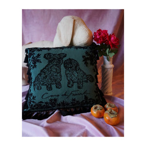Jade & Coral - Custom Hand Embroidered Pillow Case w/ Tassel edging.