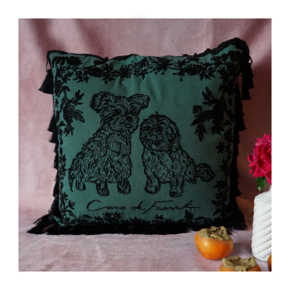 Jade & Coral - Custom Hand Embroidered Pillow Case w/ Tassel edging.